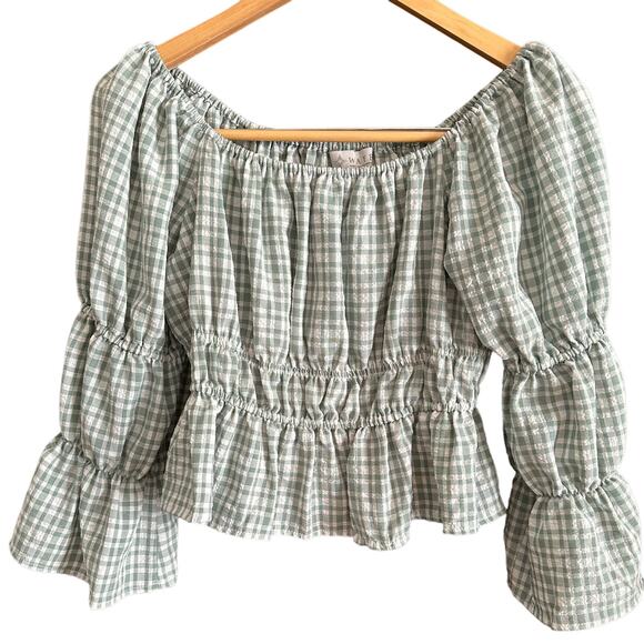 WAYF | Green Gingham Off Shoulder Peasant Shirt - Light Sage | Size Medium - Picture 1 of 4
